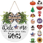 Interchangeable Wooden Seasonal Welcome Wreath, Rustic Round Dogs Front Door Wreaths for Home/Wall/Porch/Farmhouse Decor, for Easter Spring Summer Fall Halloween Christmas All Season Decorations