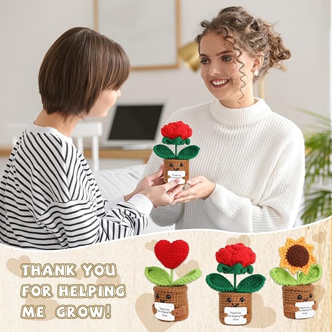 Graduation Teacher Appreciation Gift Positive Crochet Flower Heart Plant Emotional Support Sunflower Inspirational Handmade Knitted Doll with Thank You Card Motivational Crochet Birthday Present