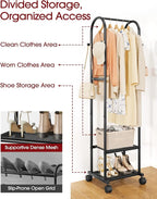 Heavy Duty Premium Clothes Rack with 2-Tier Mesh Shoe Shelves & 4 Hooks, Lockable Wheels, Space-Saving, Multi-Functional for Bedroom, Entryway, Closet, Modern Design, 18.4" x 12.6" x 72", Black