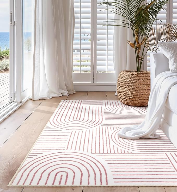 Lahome Abstract Washable Rugs, 4x6 Pink Rug for Bedroom Nursery Soft Non Slip Modern Living Room Rug, Ultra-Thin Non-Shedding Throw Carpet for Entryway Kitchen Office(4'x6',Pink/White)