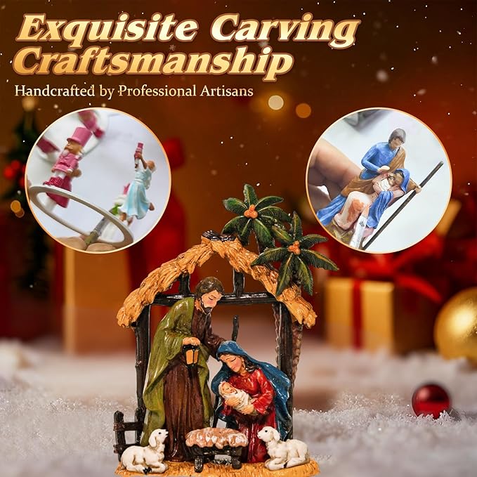 Musical Nativity Scene Christmas Snow Globe Lantern - Lighted Nativity Snow Globes with Swirling Glitter, LED Lights, Silent Night Song, 6-Hour Timer, Battery or USB Powered, Xmas Decorations Gifts