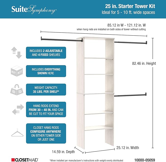 ClosetMaid SuiteSymphony Wood Closet Organizer Kit with Tower, (3) Hang Rods, (5) Shelves (2-Adjustable), Fits Spaces 5-10 ft. Wide, White Timber
