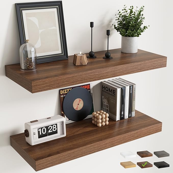 36 Inch Floating Shelves for Wall Set of 2, 12"D Wood Grain Bathroom Shelves with Invisible Brackets, Easy Install Engineered Wood Storage Shelves for Kitchen, Living Room, Bedroom, Walnut Finish