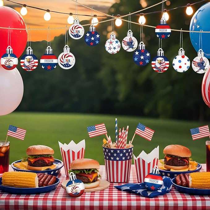 HyDren 40 Pcs 4th of July Ornaments 1.2 Inch Mini Patriotic Tree Decorations 250th Anniversary Memorial Day Independence Day Ornaments Red White Blue Eagle Star Ball Decorations for Holiday Party