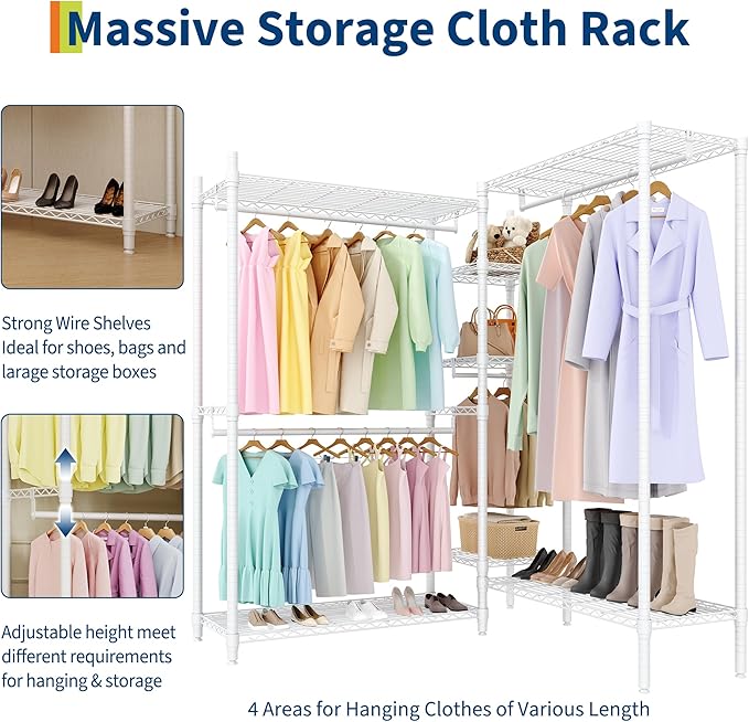 Heavy Duty Garment Rack L Shaped Clothes Rack for Corner,Load 1631LBS,Freestanding Portable Wardrobe Closet Clothing Rack with 7 Adjustable Shelves, 4 Hanging Rods,70.5"H x 85.4"L x 17.4"W