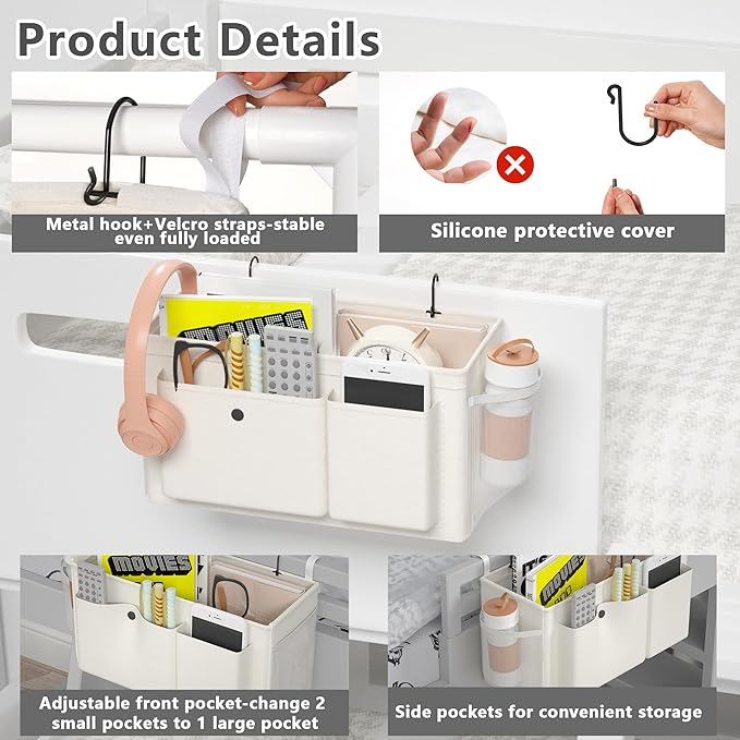 Edudif Bedside Caddy Bedside Organizer with Fixed Straps & Water Bottle Holder, Bunk Bed Caddy ideal for Home, Dorm, Hospital, Crib, Versatile Bedside Storage Solution