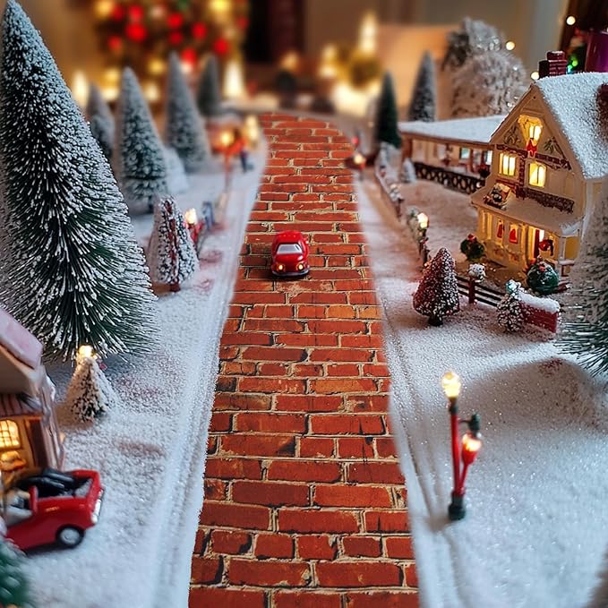 Iceyyyy 4 Pcs Christmas Village Red Brick Road-47.2 x 4.7 Inch Cuttable Christmas Village Landscape Road-Miniature Xmas Villages Accessories for DIY Home Garden Street Landscape Decorations