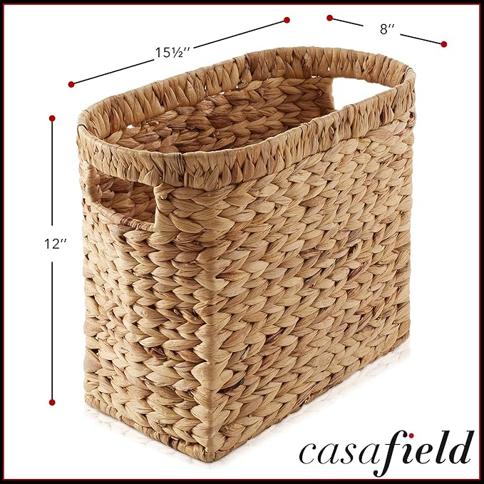Casafield Woven Magazine Holder with Handles, Natural - Water Hyacinth Storage Basket for Bathroom, Living Room, Home Office