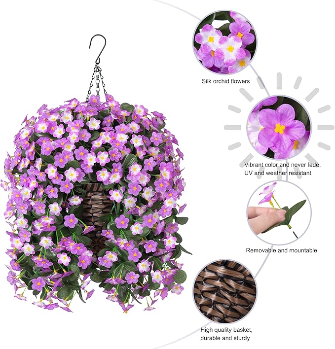 Artificial Faux Fall Hanging Mums Flowers Plants Baskets for Outdoor Outside, Fake Silk Light Fuchsia Daisy Orchid Trailing Vines in Planter Realistic UV Resistant for Balcony Porch Decor