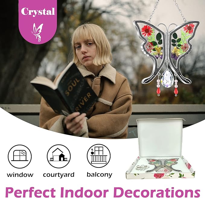 KY&BOSAM Butterfly Suncatcher Gifts for Mom Stained Glass Butterfly for Windows Hangings Wind Chime Ornament Pressed Rearl Flower Wings and Crystal Charm Birthday Gift for Mom Mother`s Day Christmas