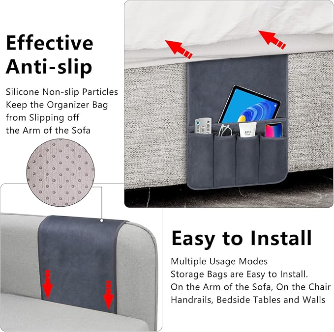 Couch Armrest Remote Control Holder, Polar Fleece Couch Caddy Gifts for Seniors, Non-slip Bed Caddy Tv Remote Holder with 5 Pockets for Key Glasses Phone Magazine Holders