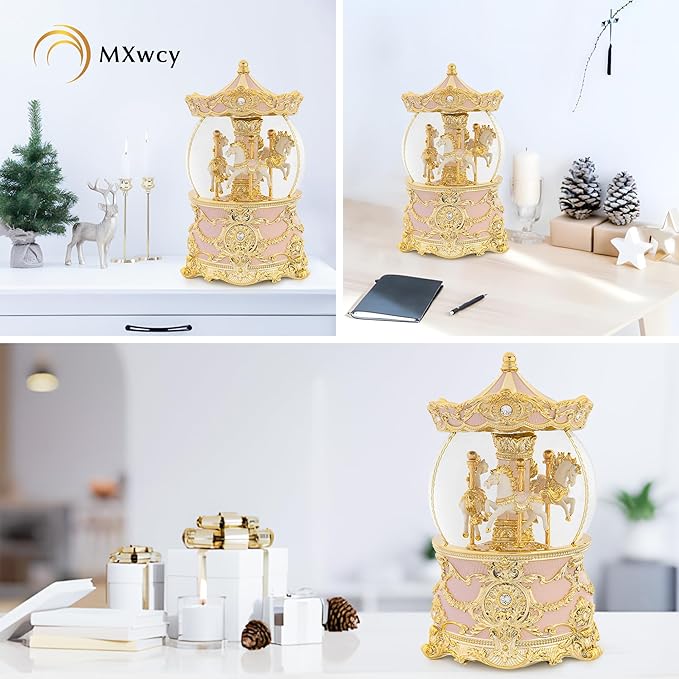 Carousel Music Box Gold & Pink Christmas Snow Globes, 8.3" Rotate Carousel Snow Globe for Kids & Adults, Classic Wind up Musical Snow Globe Valentines Day Gifts for Women Girls, Carousel Home Decor