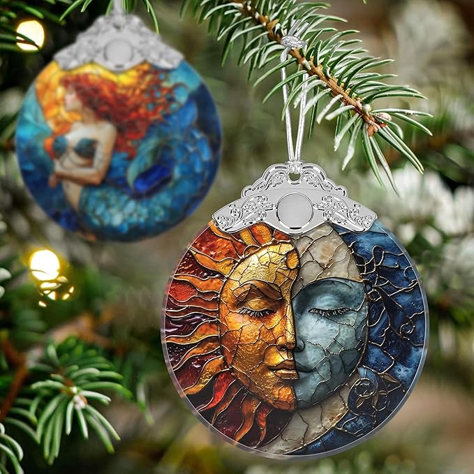 Stained Glass Suncatcher Ornament - Sun and Moon Christmas Decorations - Christmas Ornaments for Tree - Holiday Present Ideas - Gift Exchange