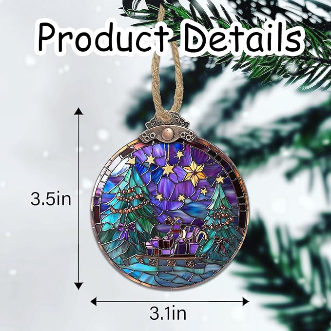 DASTOLL Stained Glass Christmas Decorations, Gold Star Purple Bow Suncatcher for Window Christmas Tree Hanging Ornaments Green Sun Catcher Xmas Decor Gifts for Women Men Mom Nana Friend