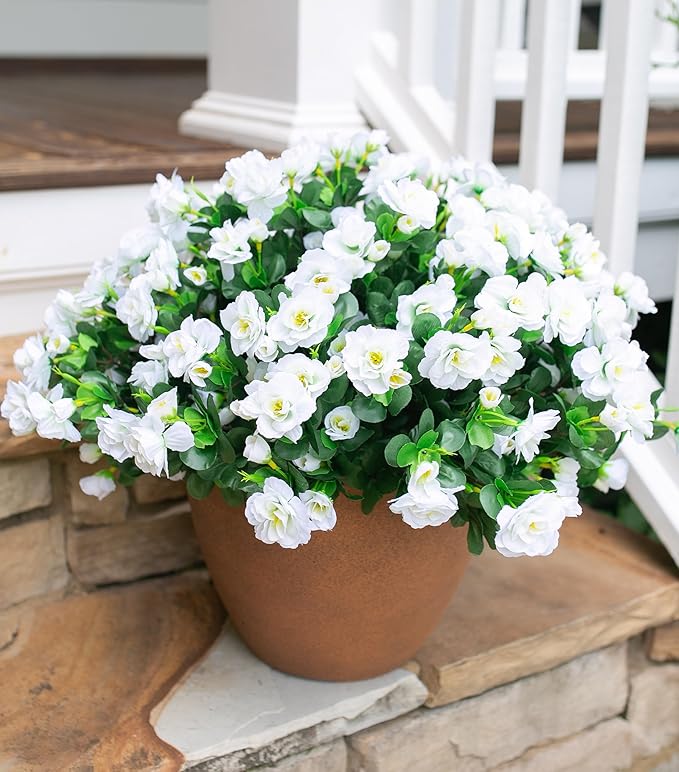 HyeFlora Artificial Fake Flowers Plants for Outdoor Outside Spring Decoration, Faux Silk White Camellia UV Resistant Realistic for Front Door Porch Planter Pot Patio Balcony, 3 Large Bundles