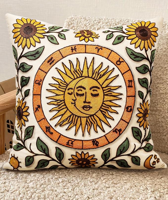 Embroidered Throw Pillow Cover 18x18 Inch - Spring Summer Boho Decorative Pillow Cover with Zipper for Living Room Couch Sofa Bed Aesthetic Design Sunflower Moon Cushion Pillowcase