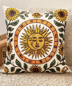 Embroidered Throw Pillow Cover 20x20 Inch - Spring Summer Boho Decorative Pillow Cover with Zipper for Living Room Couch Sofa Bed Aesthetic Design Sunflower Moon Cushion Pillowcase