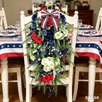2 Pack 21'' Patriotic 4th of July Teardrop Swag Wreaths Independence Day Patriotic Floral Swag with Artificial Flowers and Fern Leaves Hanging Wreath for Double Front Doors Porch Window Wall Farmhouse