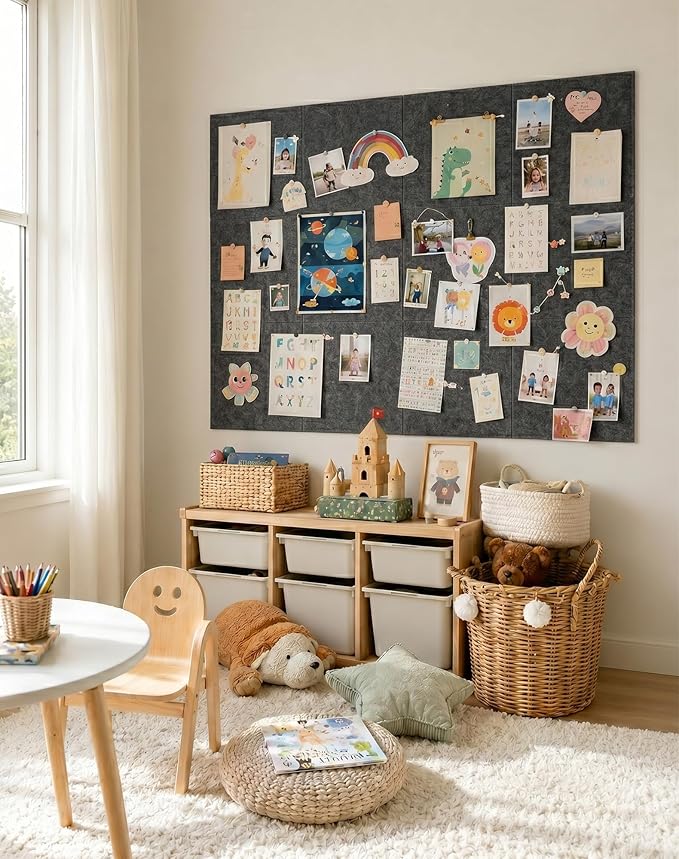 Aothia Felt Bulletin Board Tiles for Wall, 12 Pack Large 48" x 36", Felt Wall Tiles Cork Board Alternative, Adhesive Bulletin Board Tiles for Office, Classroom & Home, Charcoal Gray