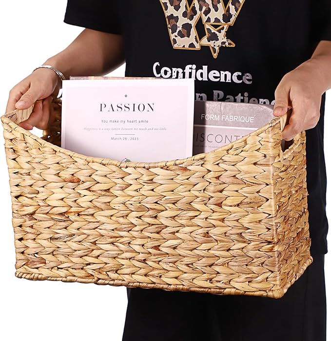 BTSKY Woven Magazine Holder, Water Hyacinth Magazine Basket, Natural Storage Basket Bin for Books & Files, Bathroom Magazine Rack with Built-in-Handle for Home, Office & Desk - 17x6.5x9.8 Inch