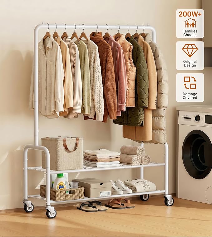 AOODA Heavy Duty Clothes Rack with Shelves, 46.5'' Metal Rolling Clothing Racks for Hanging Clothes, Wardrobe Garment Rack with Lockable Wheels for Coats, Shirts, Shoe Boxes (White)