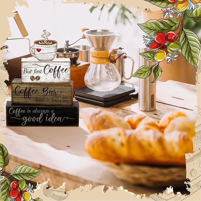 Moucuny 4 Pcs Wooden Coffee Bar Tabletop Decor Coffee Tiered Tray Decor Rustic Wood Bar Sign Gift Farmhouse Table Centerpiece Farmhouse Decorations for Home Kitchen