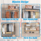 Homdox Heavy Duty Rolling Clothing Rack, Adjustable Garment Rack with 3 Tier Storage Shelves, Freestanding Closet Wardrobe for Hanging Clothes with Side Hooks, Gray