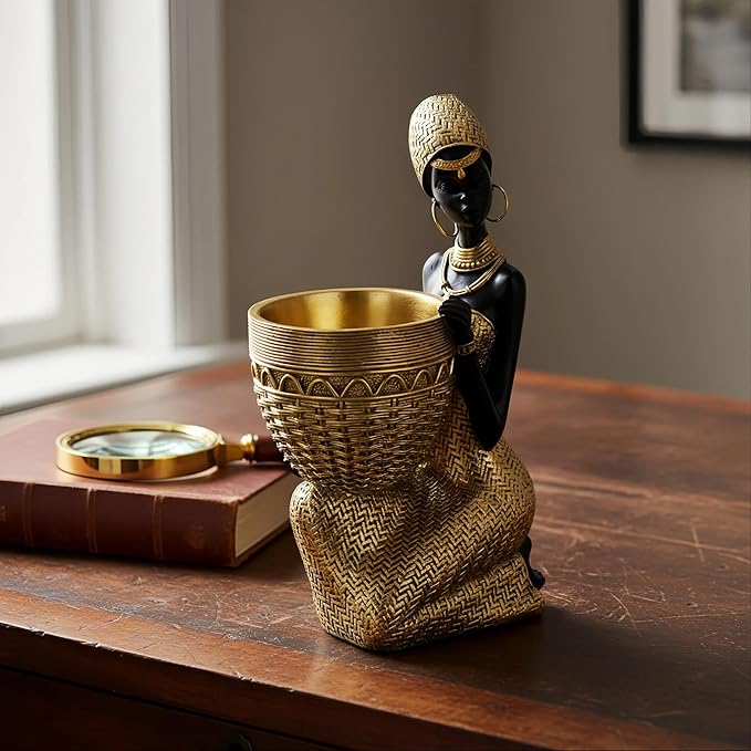 Lescafita Handmade African Tribal Woman Sculpture - Gold Adorned Seated Figure with Basket, Vintage Resin Statue for Home Decor, Unique Housewarming Gift for Shelf/Table (9.65" H)