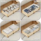 Under Bed Storage Containers with Wheels, Larger Bamboo Wood Under Furniture Storage Containers with Dust Bags，Rolling for Shoes Clothes