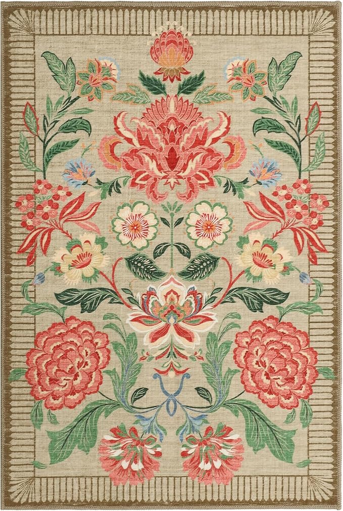 GarveeHome Camel Pink Floral 2x3 Door Mat Indoor Rugs for Entryway Small Taupe Brown Vintage Boho Cottage Washable Non-Slip Low-Pile Rug for Bedroom Kitchen Bathroom Entrance