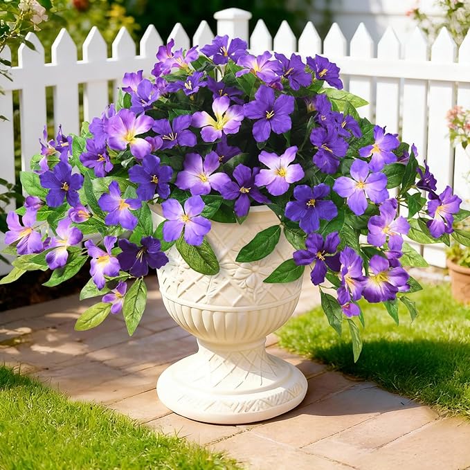 Homsunny Artificial Fake Flowers Plants Outdoor, 2PCS Realistic Faux Silk Flowers UV Resistant Fake Outdoor Flowers for Spring Outside Porch Garden and Home Patio Yard Decor (Double Purple)