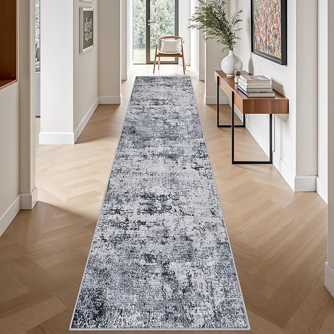 2.6'x14' Runner Rug Washable Rug: Modern Abstract Soft Thin Runner Rug Grey