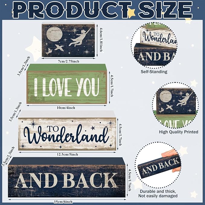 Lineshading 4 Pcs Fairy Tale Nursery Wooden Stacked Signs Decor - "i Love You to Wonderland and Back" Wooden Signs, Rustic Tabletop Decor for Newborn Baby Bedroom Playroom Baby Shower Gifts