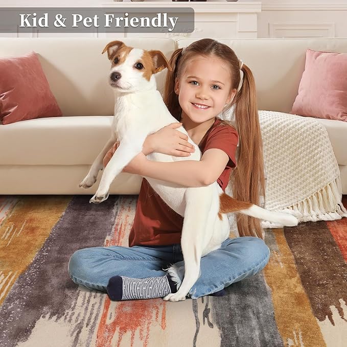 Ciicool Modern Abstract Rug for Living Room, 5'x7' Machine Washable Area Rug Non-Slip Rug, Low-Pile Contemporary Indoor Dining Floor Carpet for Bedroom Office Under Table Home Decor Red Yellow Gray