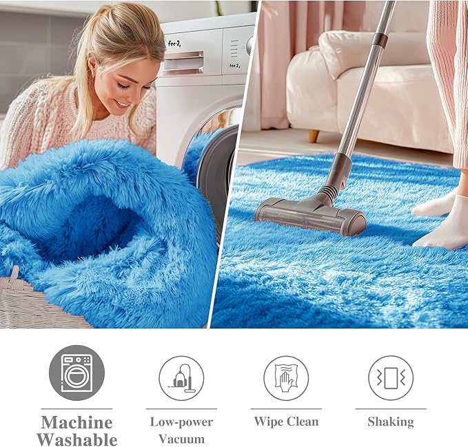 OLANLY Bright Blue Round Rugs for Bedroom - Machine Washable, 5 ft Circle Area Rugs for Living Room, Soft and Fluffy Shaggy Carpet for Teen Girl and Boys, Nursery Rooms, Dorms, Home Decor Aesthetic
