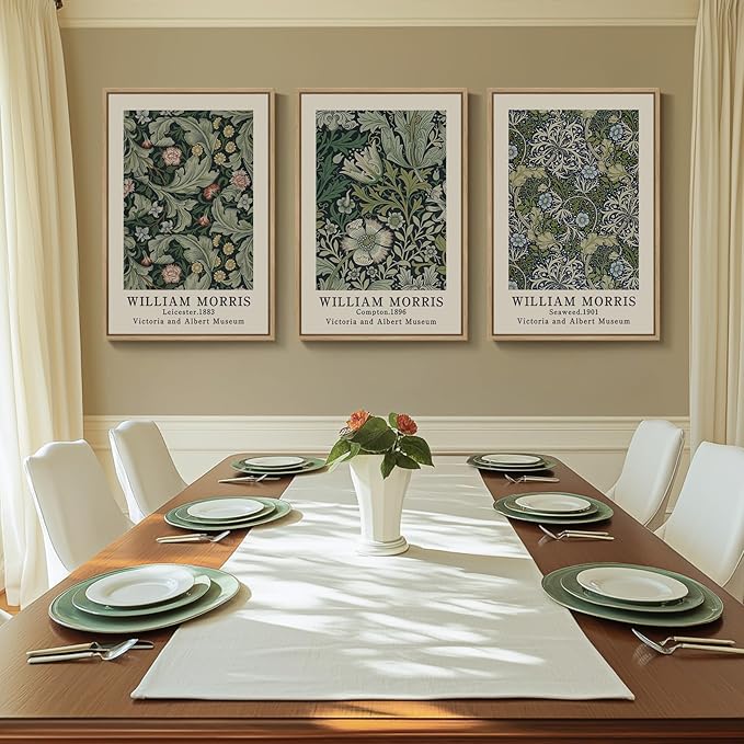 Large Framed William Morris Green Wall Art, 3 Piece Vintage Floral Canvas Prints, Retro Botanical Wall Decor for Living Room Bedroom Hallway Office, 24x36 Inch