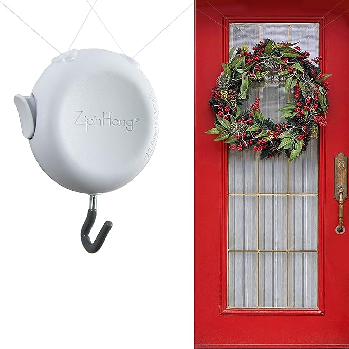 Zip 'n Hang Wreath Hanger for Front Door – Damage Free Adjustable Door Wreath Hanger for Glass, Screen & Standard Doors, Christmas Wreath & Decor Hook (White - 1 Pack)