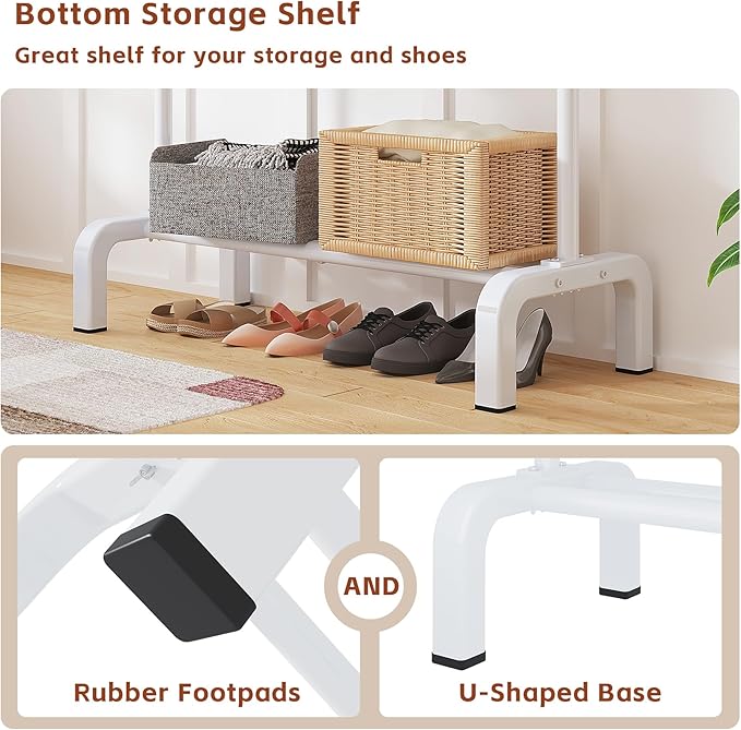 JIUYOTREE Standard Clothes Clothing Garment Rack with Storage Shelves Clothes Organizer for Hanging Clothes Coat Jacket Shirt Sweater Jeans White