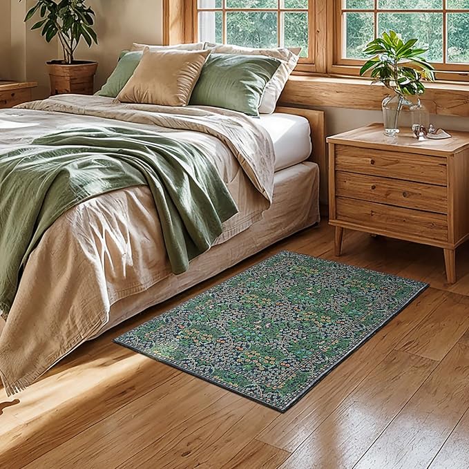 Lessymo Washable Entryway Rug 2x3, Front Door Mat Indoor Non-Slip Bathroom Small Area Rugs for Kitchen Bedroom Entry, Vintage Forest Floral Design, Forest Green