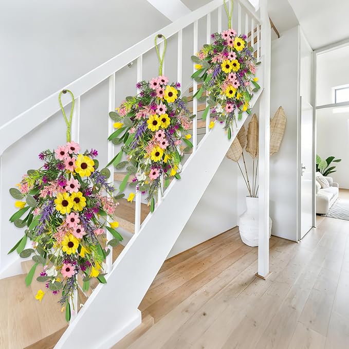 2 Pcs Spring Swags for Front Door, 23.6" Artificial Floral Teardrop Swags with Sunflowers Daisies Lavender, Spring Porch Decor Swag for Farmhouse Wall Window Cabinet Easter Decorations