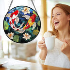 Stained Glass Window Hanging, Koi and Lotus Sun Catcher for Door Home Decor Fish Suncatcher Christmas Mother's Day Birthday Gifts for Women Men Mom and Nana 15 in