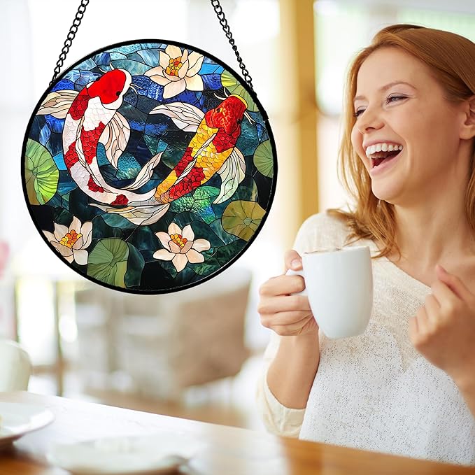 Stained Glass Window Hanging, Koi and Lotus Sun Catcher for Door Home Decor Fish Suncatcher Christmas Mother's Day Birthday Gifts for Women Men Mom and Nana 11.8 in