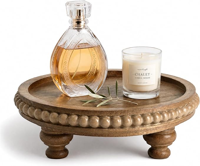 EOSAHR Pine Round Wood Riser for Room Decor – Retro Beaded Pedestal Tray for Plant Stand, Perfume Organizer, Cake Stand – Farmhouse Boho Bathroom & Kitchen Counter Accent(Brown)
