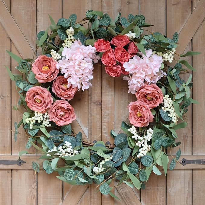 TEMPUS 20 inches Artificial Pink Peony Wreath for Front Door Wreath with Hydrangea Green Leaves Valentines Mother's Day Decor Wall Wedding Party Home Decor (Pink)