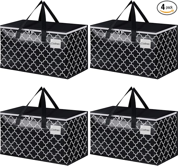 HomeHacks Heavy Duty Moving Bags with Tag Pockets, Collapsible Storage Totes for Moving, Camping & Travel -Foldable Packing Boxes, Zipper Handles, Black（4 Packs, 88L）