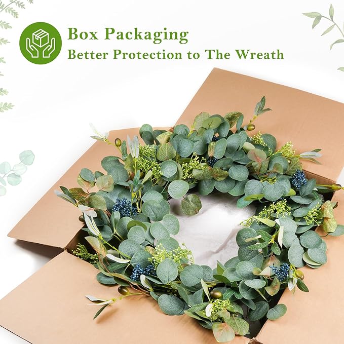 Eucalyptus Wreath for Front Door, COLORSPEC 24 Inch Eucalyptus Wreath with Olive Leaves and Berries All Year Round, Handmade Green Spring Summer Wreaths for Front Door Indoor Outdoor Wedding Holiday