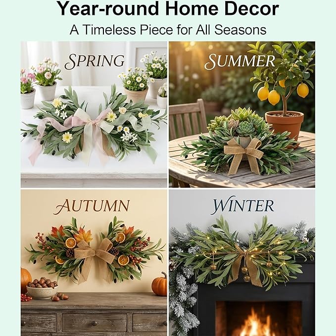 2 Pack 24" Artificial Olive Swag, Full Greenery Swag with Easy-Hang Burlap Bow, Flexible Realistic Olive Branch Wreath for Front Door, Wedding Arch, Wall, Farmhouse Home Decor