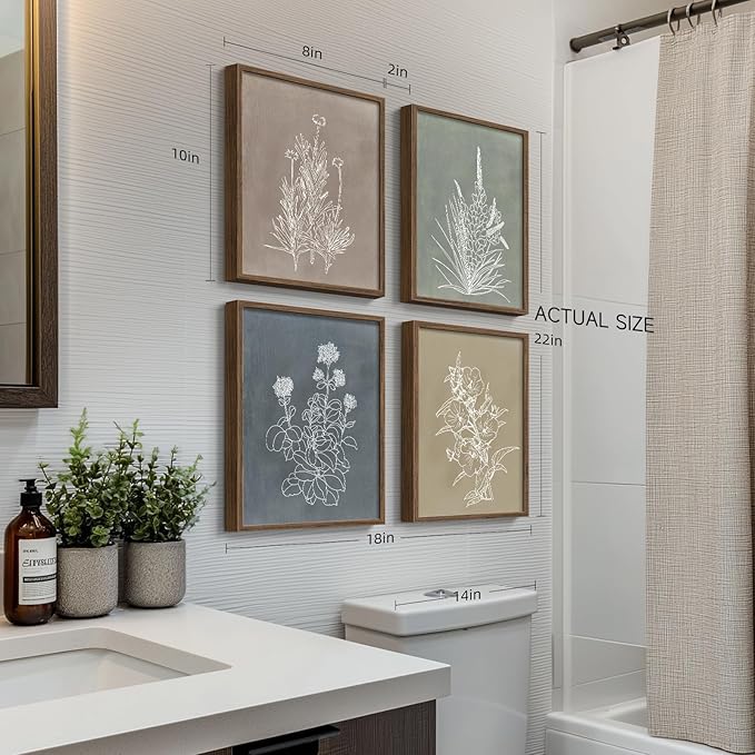 Boho Framed Botanical Wall Art for Bathroom Decor, 4 Piece Rustic Floral Canvas Painting Prints Artwork for Walls, Vintage Neutral Flower Pictures for Farmhouse Bedroom Dining Room Kitchen, 8x10 Inch