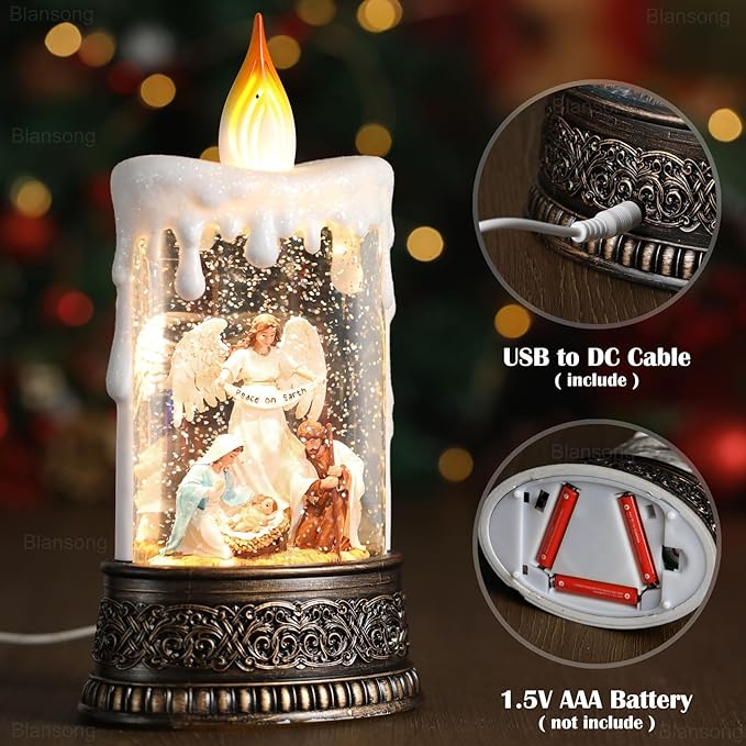 Nativity Snow Globe Candle Christmas Decorations Indoor Auto Snowfall Glitter Music Collection Angel Nativity Scene Peace on Earth with 6H Timer USB/Battery Powered 9.7 inch