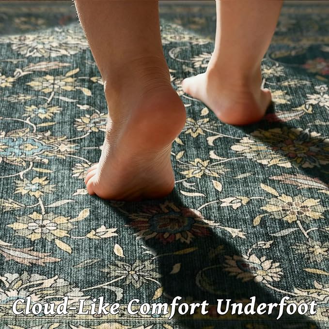 Washable 2x3 Entryway Rug, Boho Non-Slip Door Mat Vintage Distress Small Rugs for Kitchen Nursery Office Bedroom, 0.3" Neutral Oriental Throw Carpet with Cushioning Pad, Sage Green/Blue/Multi